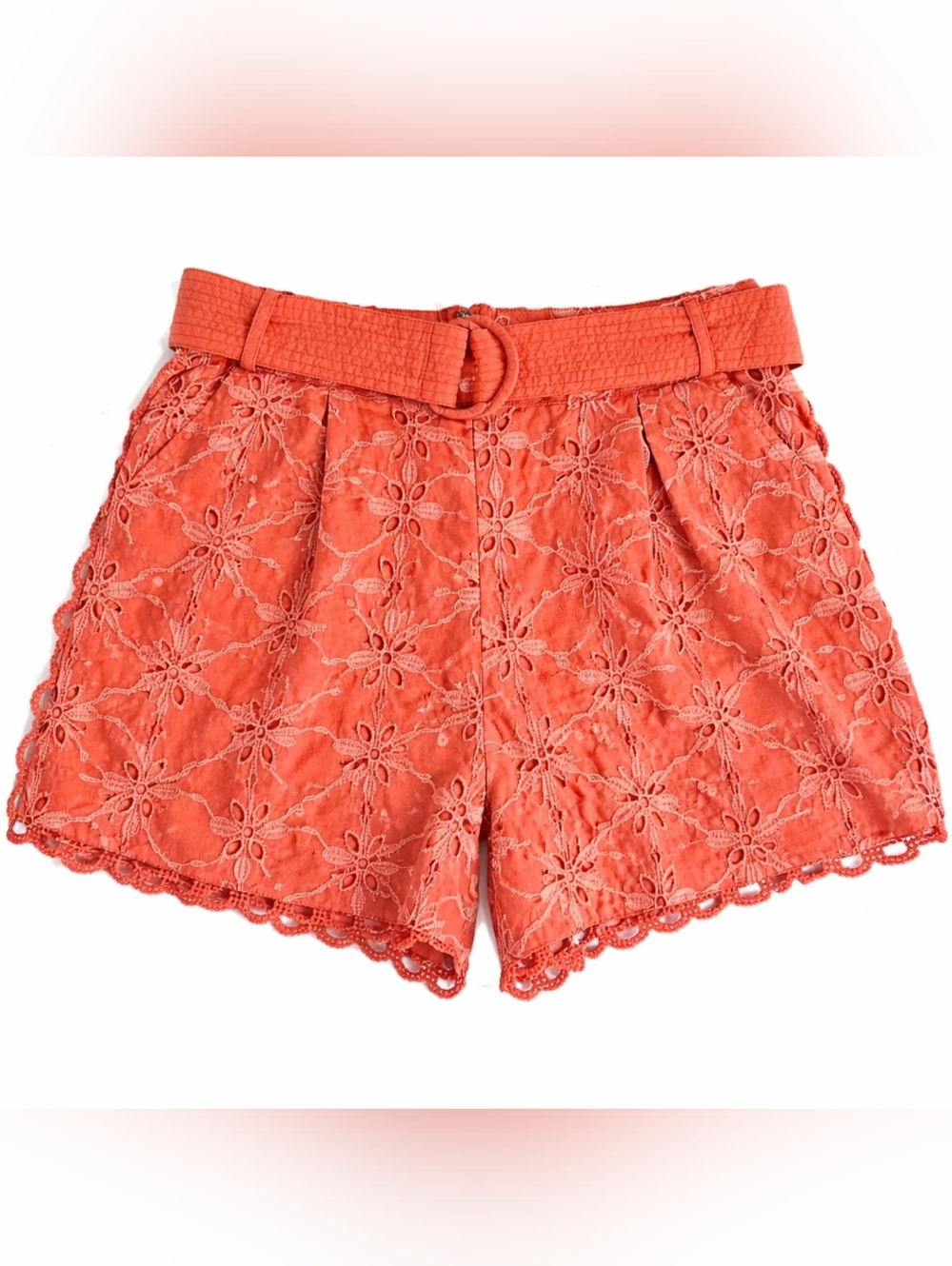 Shore Eyelet Shorts M Coral High Waist Belted Vacation Resort